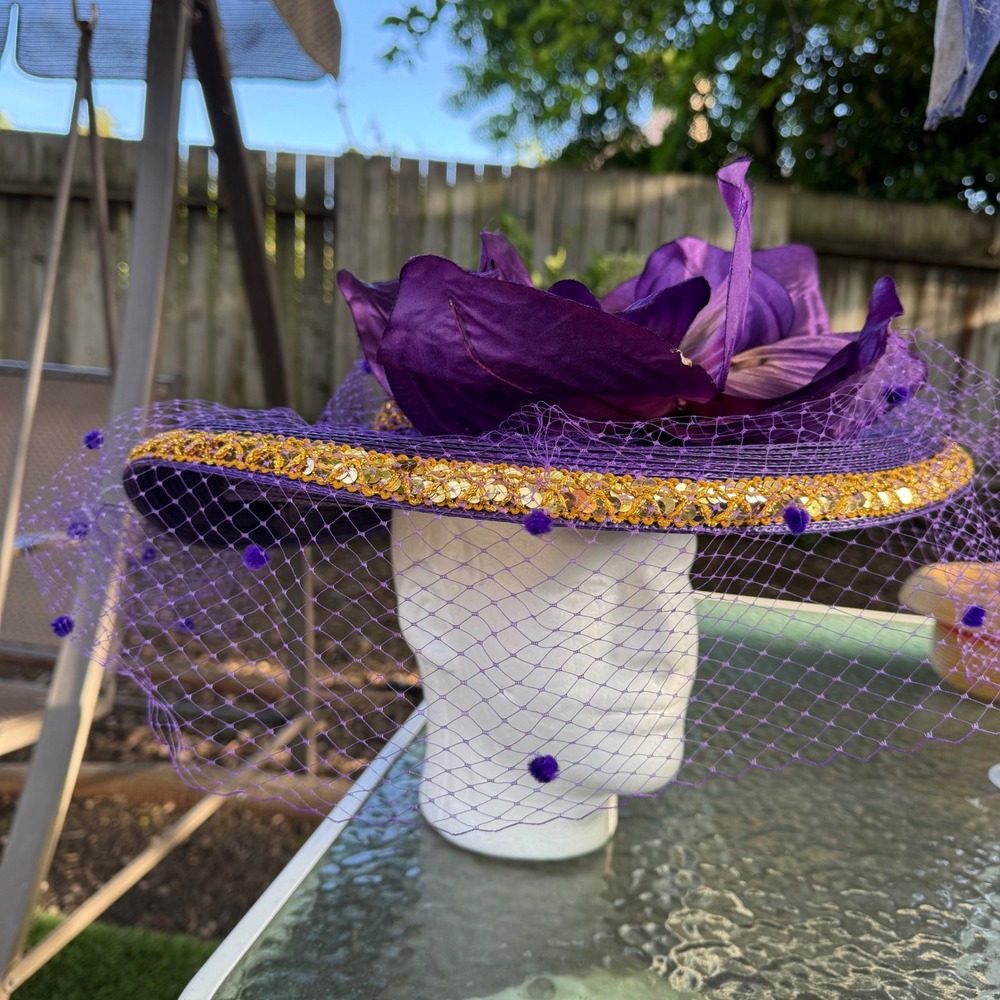 Just For You NY Purple Sequin Wide Brim Church Hat Kentucky Derby Veil Flower